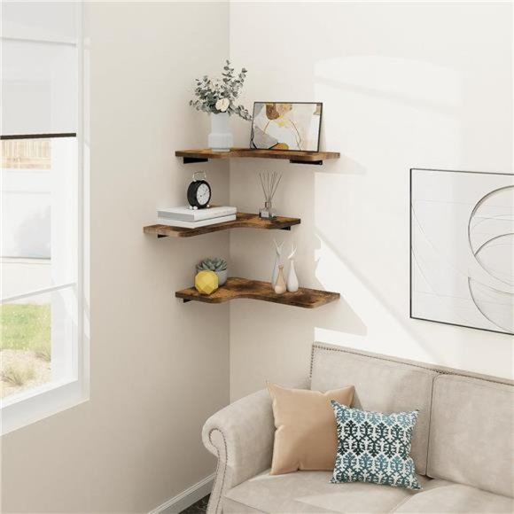 Corner Floating Shelves with Cord Hole, Set of 3 Wood Wall Shelves Rustic Brown - Picture 3 of 6